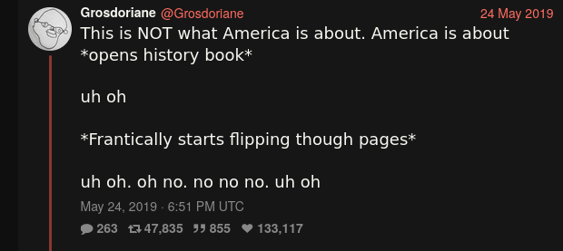 This is NOT what America is about. America is about opens history book uh oh Frantically starts flipping though pages uh oh. oh no. no no no. uh oh