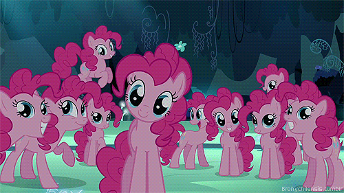 A gang of Pinkie Pie clones in the cave of the Mirror Pool