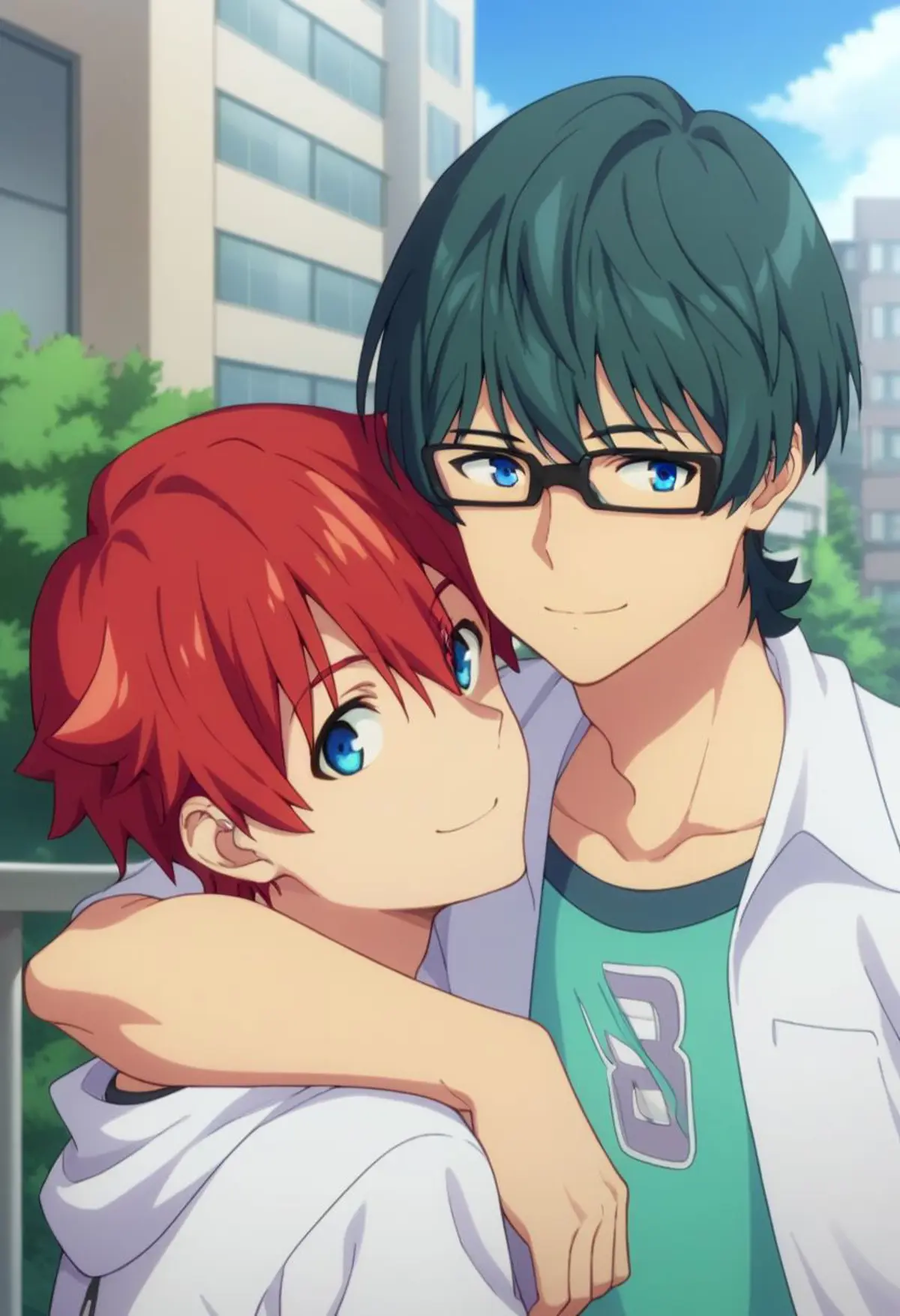 Two young men posing for a picture in a cityscape. The character in the foreground has bright red hair and is smiling, the other character who has green hair and glasses, and is also smiling has his arm wrapped around the character, leaning on his shoulder. They are both dressed casually; the red-haired character wears a white hoodie, while the green-haired character wears a white shirt over a teal t-shirt.