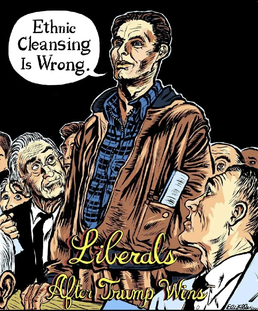 Norman Rockwell citizen speaking painting parodied by Eli Valley. Titled &quot;Liberals After Trump Wins&quot;. The liberal is standing and says &quot;Ethnic Cleansing is Wrong&quot;