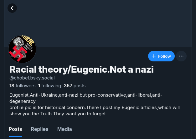 Nazi profile with swastika and nazi takes that says "(Not a nazi) at the end"