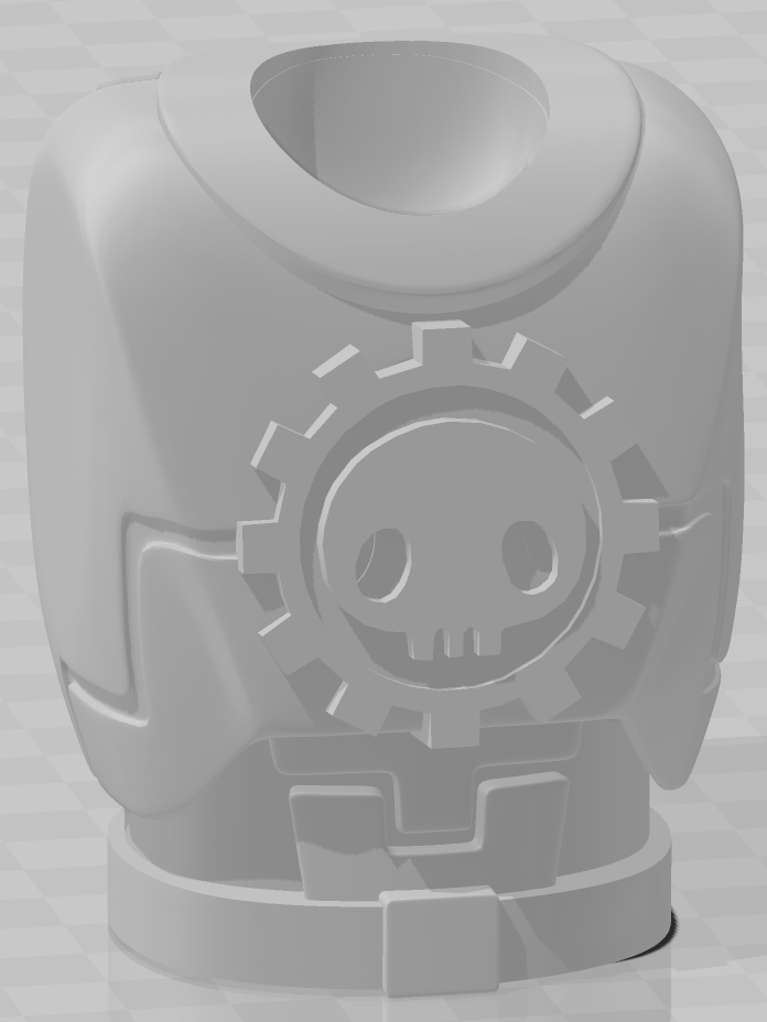 A T'au fire warrior torso at 80% width, with a gear and kawaii skull in its center