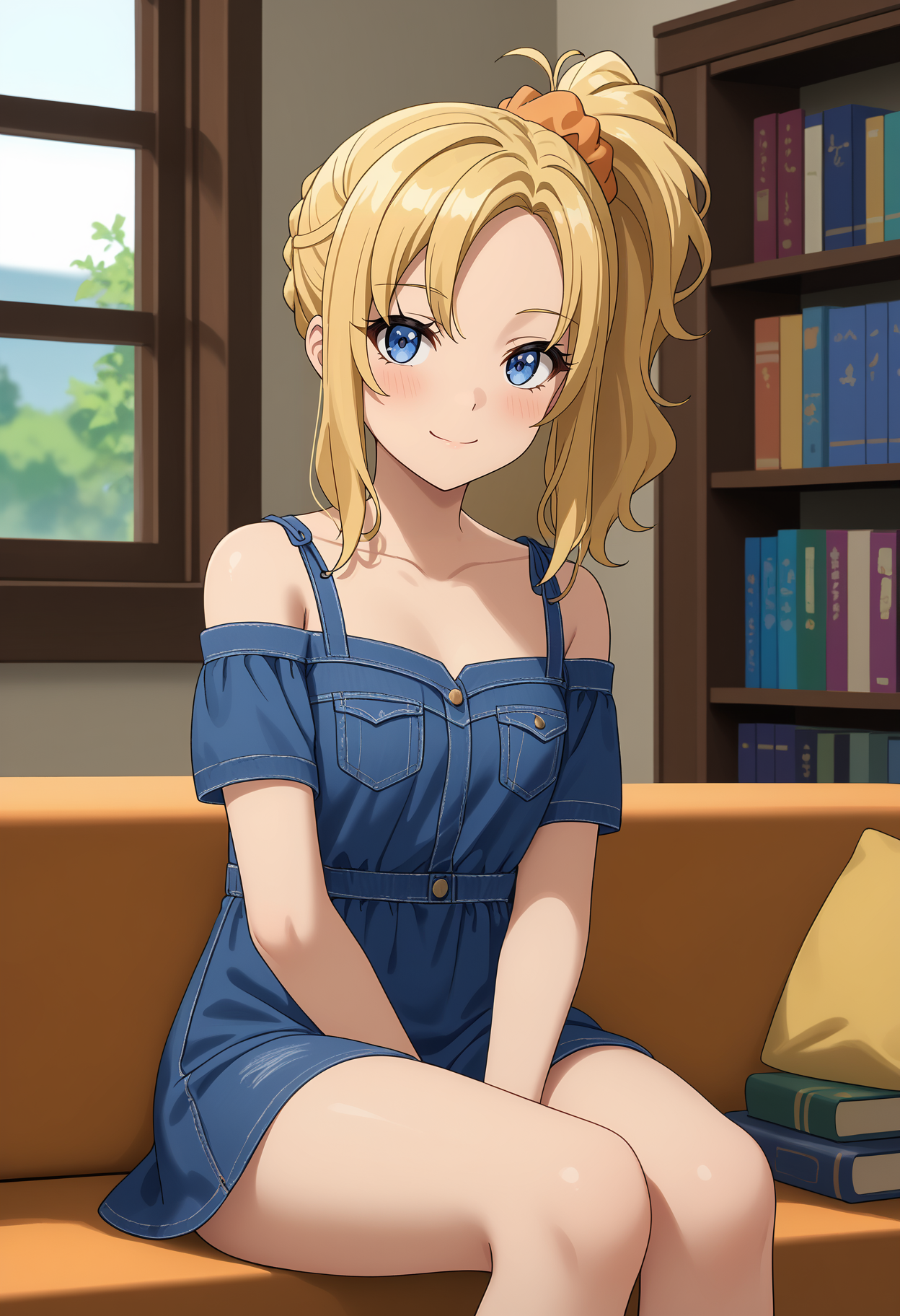 A young woman sitting on an orange couch in a cozy, indoor setting. She has blue eyes and blonde hair styled in a high ponytail with a scrunchie. She is wearing a casual blue denim dress. In the background, there is a large window to the left, through which green foliage can be seen. To the right, a wooden bookshelf filled with various books in different colors and sizes is visible, and there are a two books stacked on the couch next to her under a cushion.