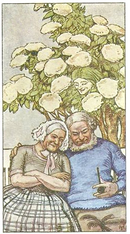 An elderly couple is sitting under a flowering elder tree. In the tree you see the face of an Elder Mother, a spirit protecting the tree, smiling at them