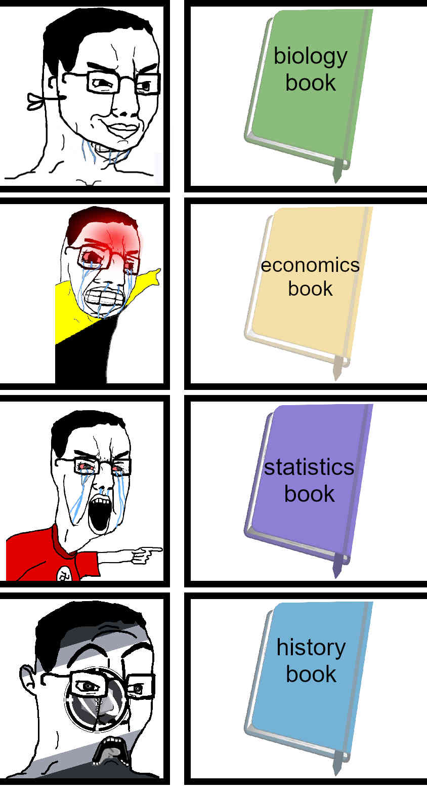 four panels:chud seething at biology book.ancap chud seething at economics book.nazi chud seething at statistics book.idf chud seething at history book.