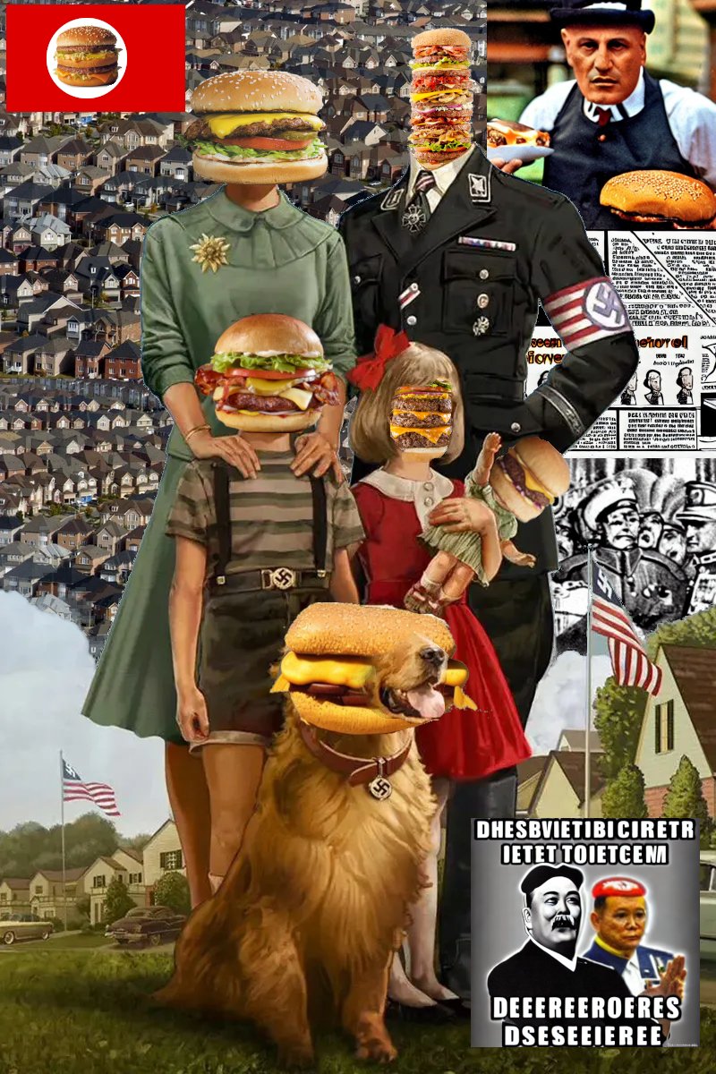 cooked meme of amerikkkan 50s ad family with burger heads and swastikas