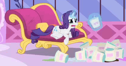 GIF from My Little Pony: Friendship is Magic season 4 episode 23 "Inspiration Manifestation": Rarity on a chaise lounge magically spoonfeeding herself with ice cream while crying; eleven empty tubs lay scattered aside the chaise lounge.