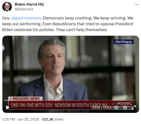 Gov. @gavinnewsom: Democrats keep crushing. We keep winning. We keep out performing. Even Republicans that tried to oppose President Biden celebrate his policies. They can't help themselves