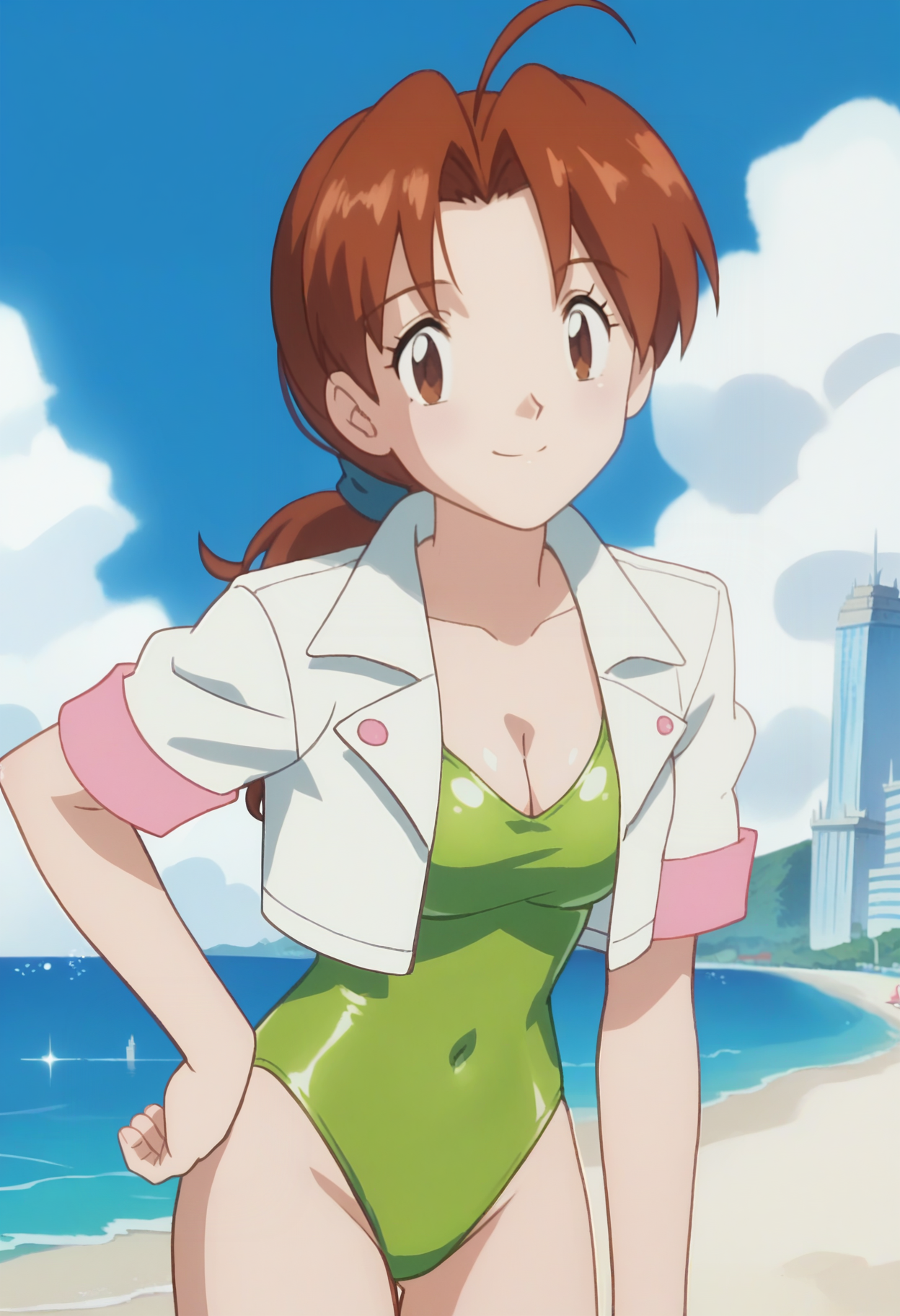 A woman with brown eyes, and auburn hair tied back in a ponytail and a cheerful expression. She is wearing a green one-piece swimsuit with a cropped white jacket with pink cuffs over the swimsuit. Her right hand is on her hip, while her left arm rests by her side. The background is a beach scene with a partially cloudy blue sky. The ocean is a deep blue, with tall, modern buildings in the distance, with a hint of greenery from the surrounding hills.