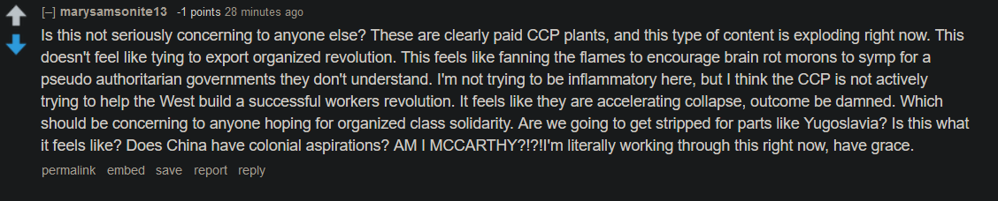 Is this not seriously concerning to anyone else? These are clearly paid CCP plants, and this type of content is exploding right now. This doesn't feel like tying to export organized revolution. This feels like fanning the flames to encourage brain rot morons to symp for a pseudo authoritarian governments they don't understand. I'm not trying to be inflammatory here, but I think the CCP is not actively trying to help the West build a successful workers revolution. It feels like they are accelerating collapse, outcome be damned. Which should be concerning to anyone hoping for organized class solidarity. Are we going to get stripped for parts like Yugoslavia? Is this what it feels like? Does China have colonial aspirations? AM I MCCARTHY?!?!I'm literally working through this right now, have grace.