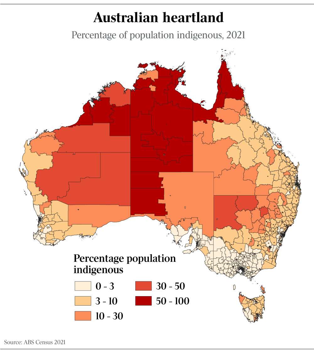 A map of local government areas in Australia by Indigenous population. The Outback has generally a much higher Indigenous population. The entire Northern Territory except the area immediately around Darwin is majority Indigenous. A majority of Cape York Peninsula, except its southeast, is majority Indigenous. The stretch of coast of the Gulf of Carpentaria between the NT and Cape York is also majority Indigenous. Most of the western two-fifths of South Australia is majority Indigenous, as is most of Kimberley region in Western Australia except for the Shire of Wyndham East Kimberley.