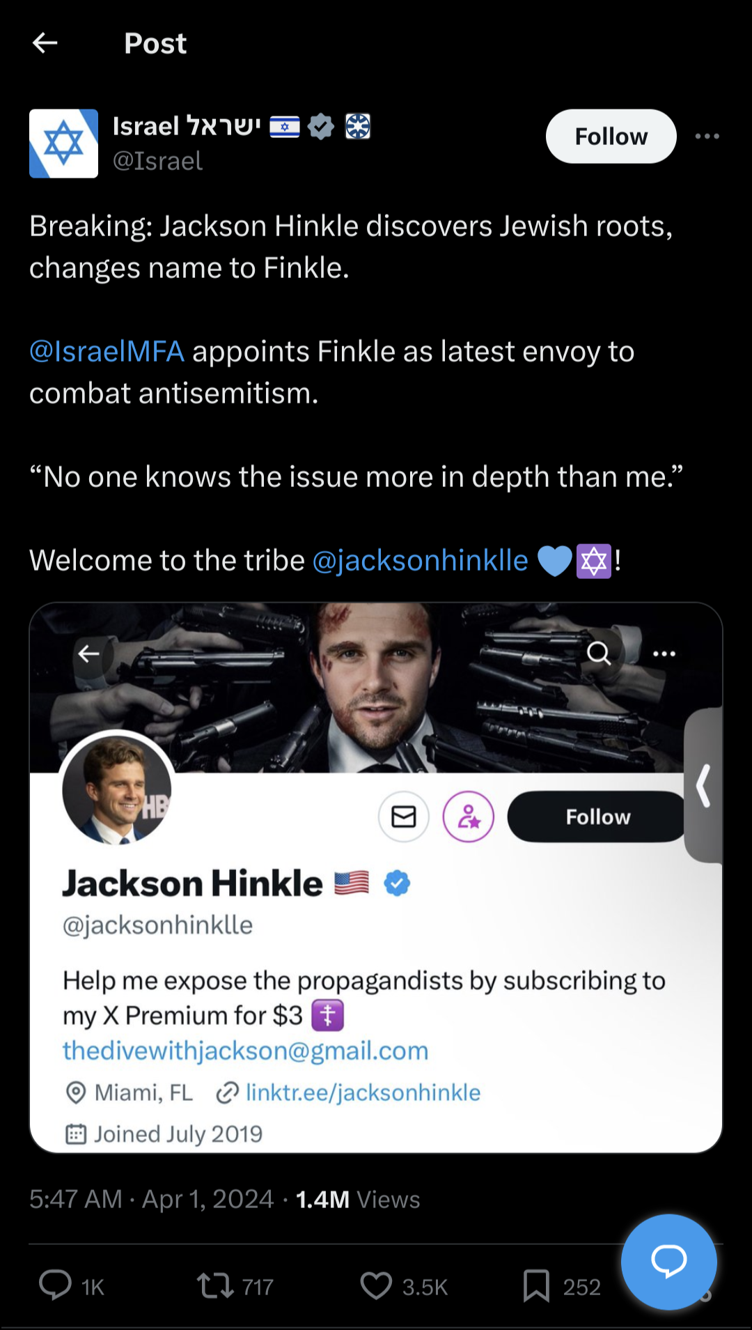 Official Israel Twitter account gives free engagement to Jackson Hinkle