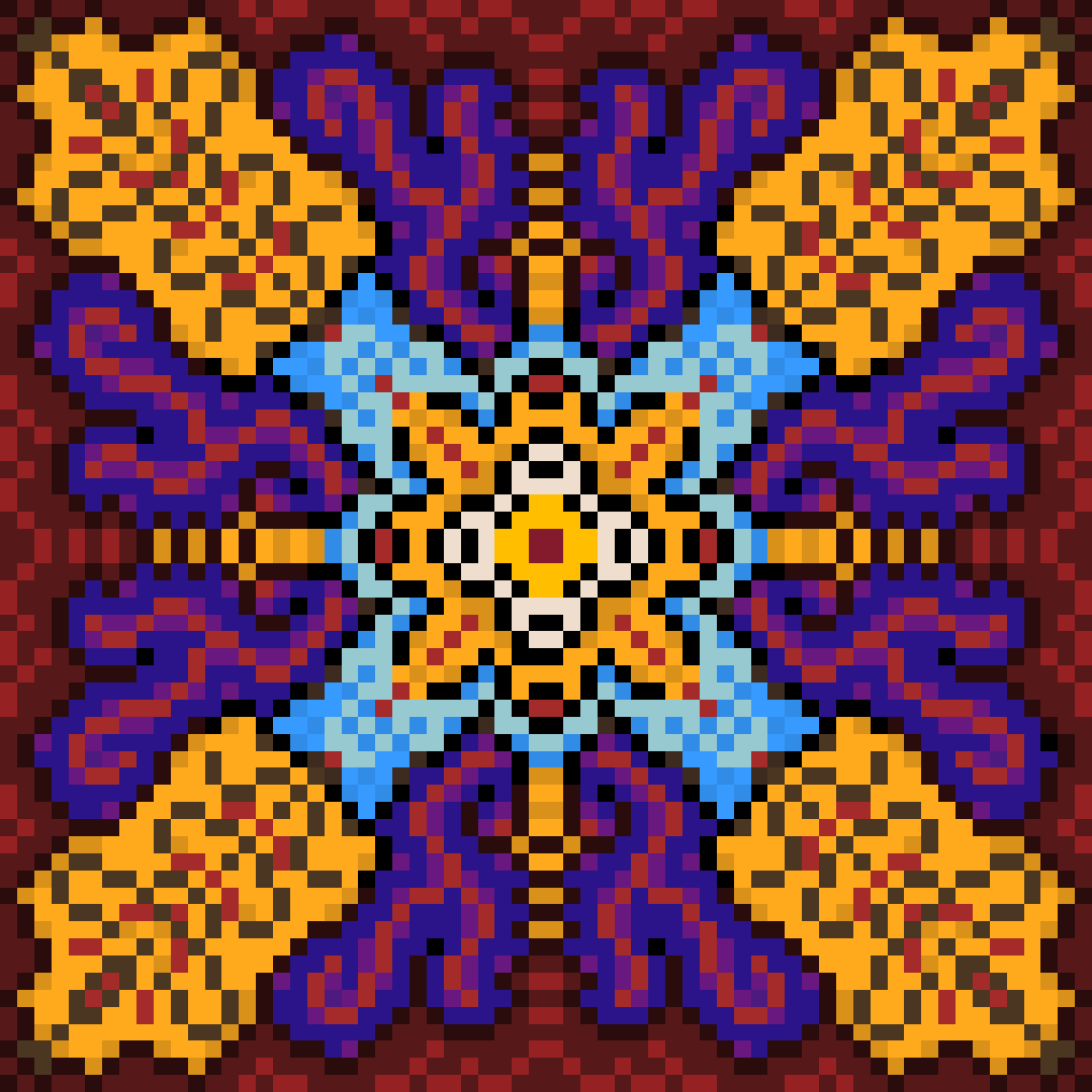 A symmetrical pixel art pattern reminiscent of a flower in water, with wavey patterns and decorated peels (like the tool) emenating out of it