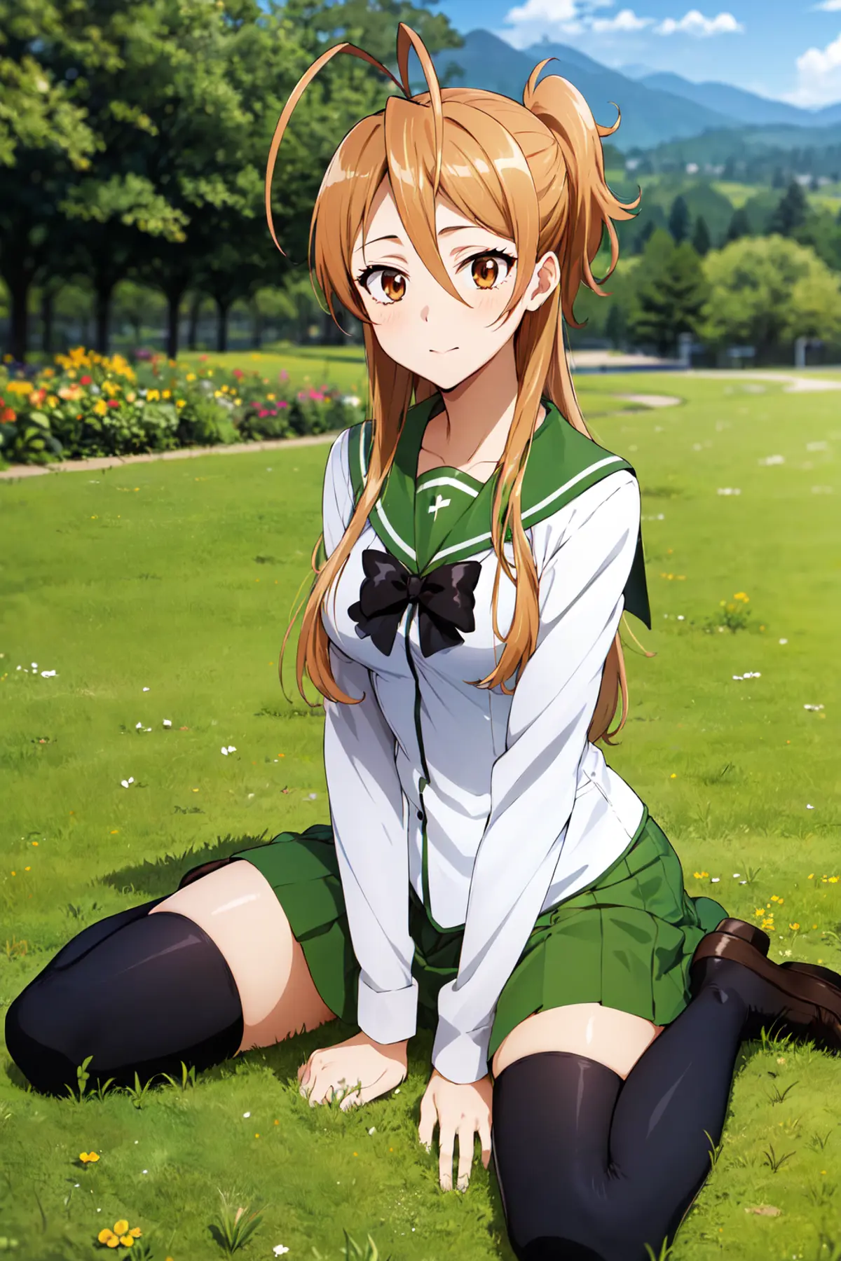 A young woman with light brown hair is seated on a grassy field. She is dressed in a green and white school uniform with a black bow and leggings. The backdrop of trees under a clear blue sky adds to the idyllic and peaceful atmosphere of the scene. 