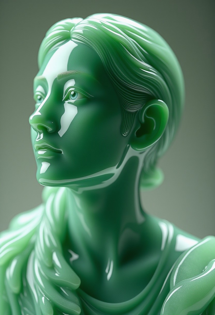 A female bust sculpted from a translucent, green material that resembles jade. The subject's face is portrayed in a three-quarter profile view, with a contemplative expression. The sculpture's texture is glossy and polished, and the background is a gradient of muted greens and grays.