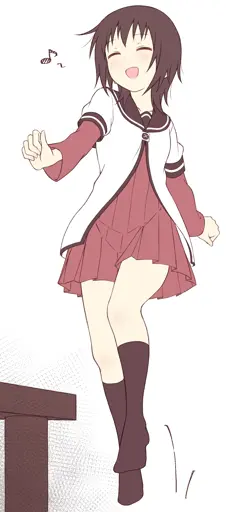 Against a white background, Yui Funami from YuruYuri skips joyfully with her eyes closed, not realizing her toes are rapidly approaching the leg of a table