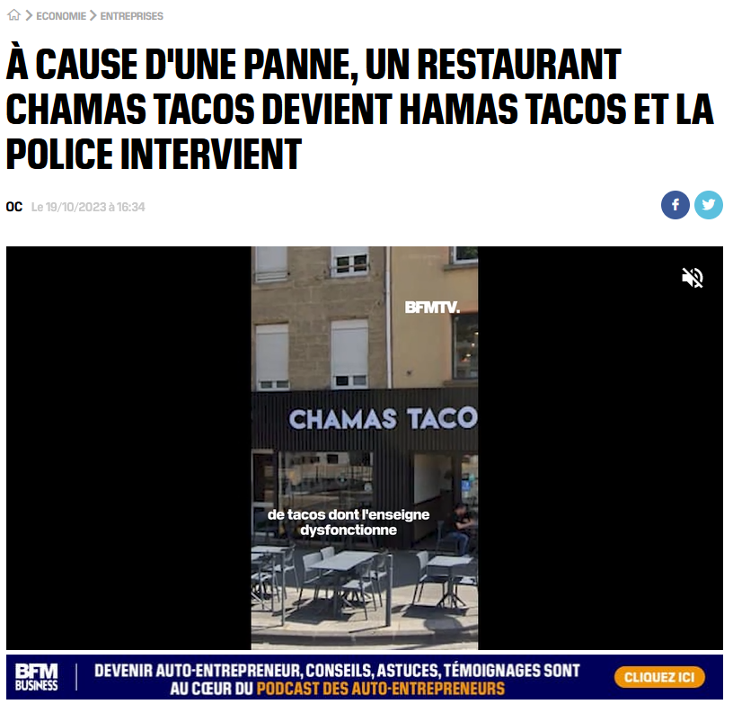 Police Intervene as 'Chamas Tacos' Sign Malfunctions into 'Hamas Tacos (France)