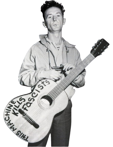 a black and white photo of Woody Guthrie holding a guitar with "this machine kills fascists" written on it