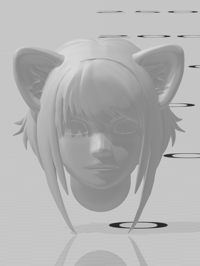 A 3D model of a head with big eyes, a bob haircut, and cat ears