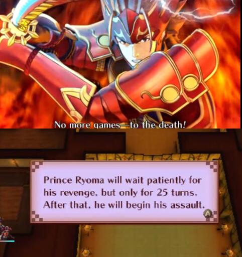 Prince Ryoma leaps towards the camera with a magical katana, ready to strike. He says "no more games--to the death!". A second panel shows the title text.