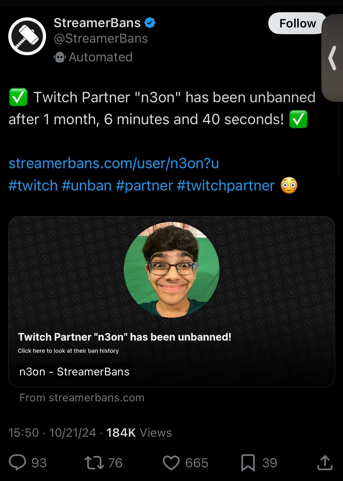 twitch partner n3on unbanned after 1month