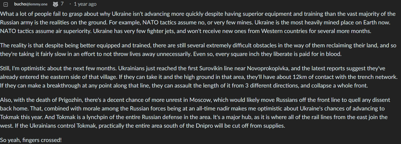 One year anniversary of the dumbest thing I've seen a lib write on here | Ukrainians are better trained, they're just challenged by the fact that russians are using unique technology like "mines"