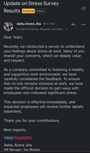 screenshot of an email. sender is a HR manager of an startup called "Yes Madam". She writes "to ensure that no one remains stressed at work, we have decided to part ways with employees who indicated significant stress."
