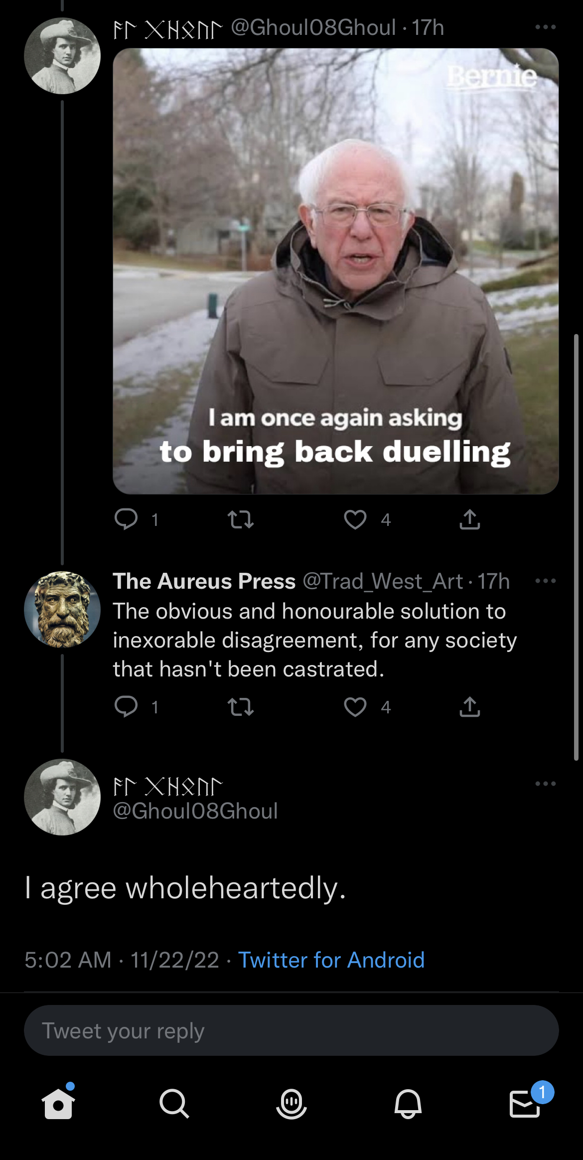 Two fascists agreeing that we should bring back dueling as a remedy for societal degeneration